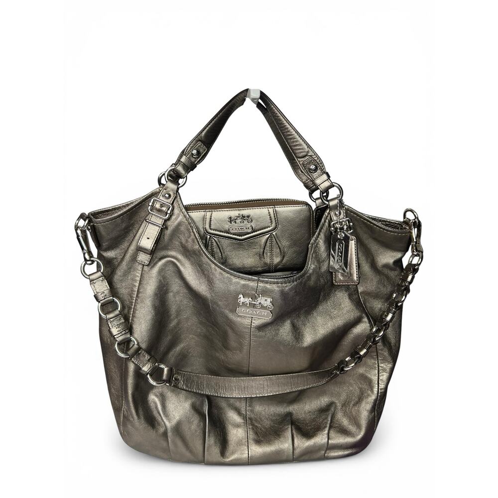 COACH Madison Metallic Pewter Leather 15958 Bag & Matching Wallet Set